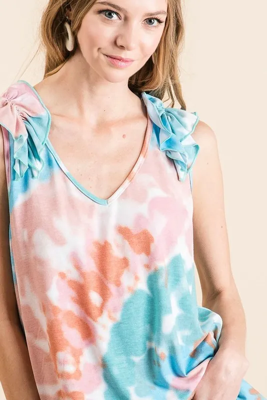BiBi Circular Tie Dye Knit V Neck Top With Ruffle - Image 5