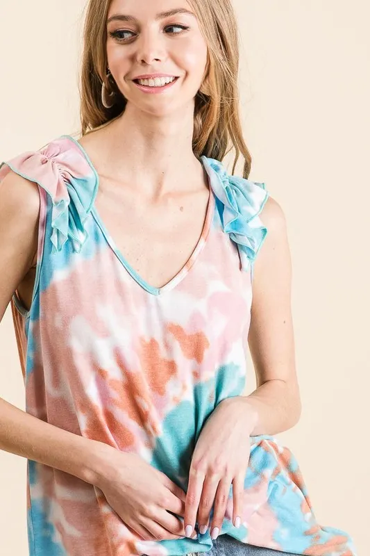 BiBi Circular Tie Dye Knit V Neck Top With Ruffle - Image 8
