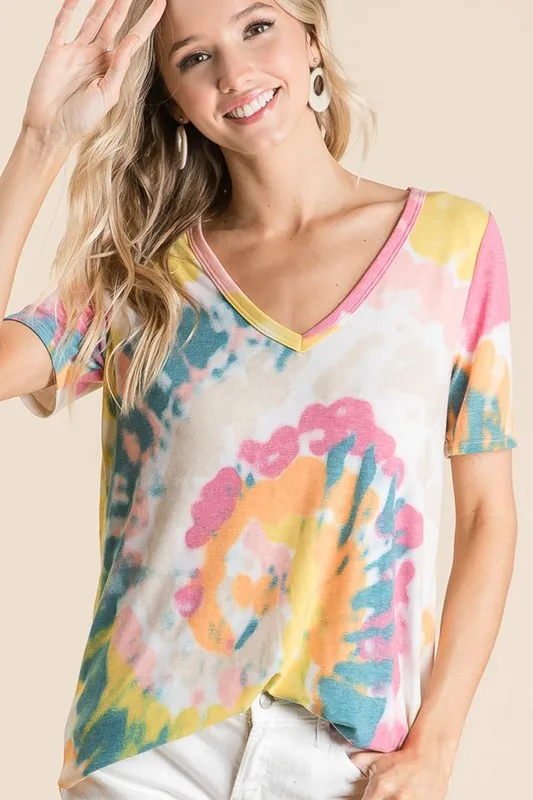 BiBi Circular Tie Dye Print V Neck Top - Image 3