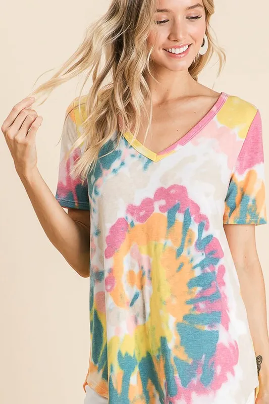 BiBi Circular Tie Dye Print V Neck Top - Image 5
