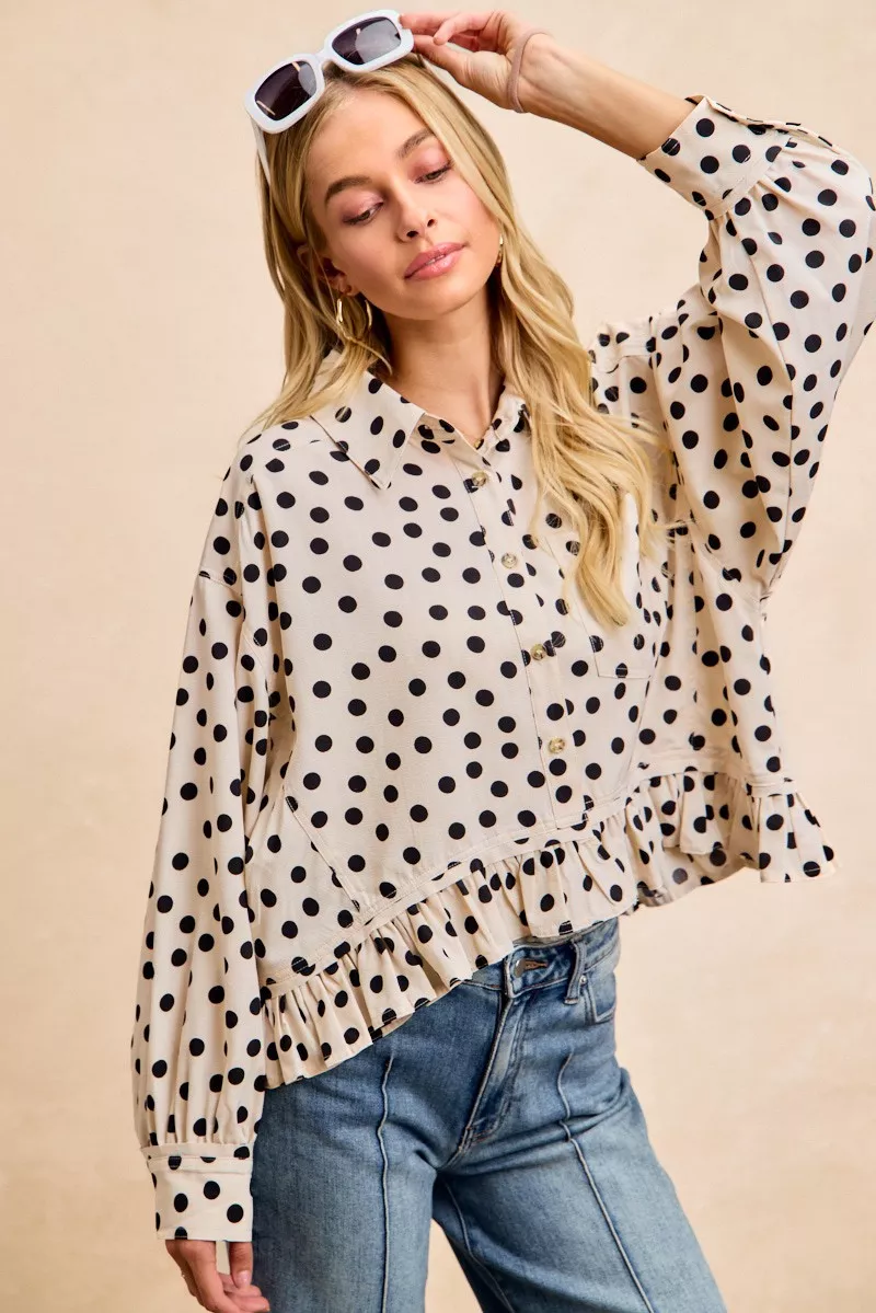 BiBi Crinkle Polka Dot Ruffled Hem Button Up Shirt Top - Image 12