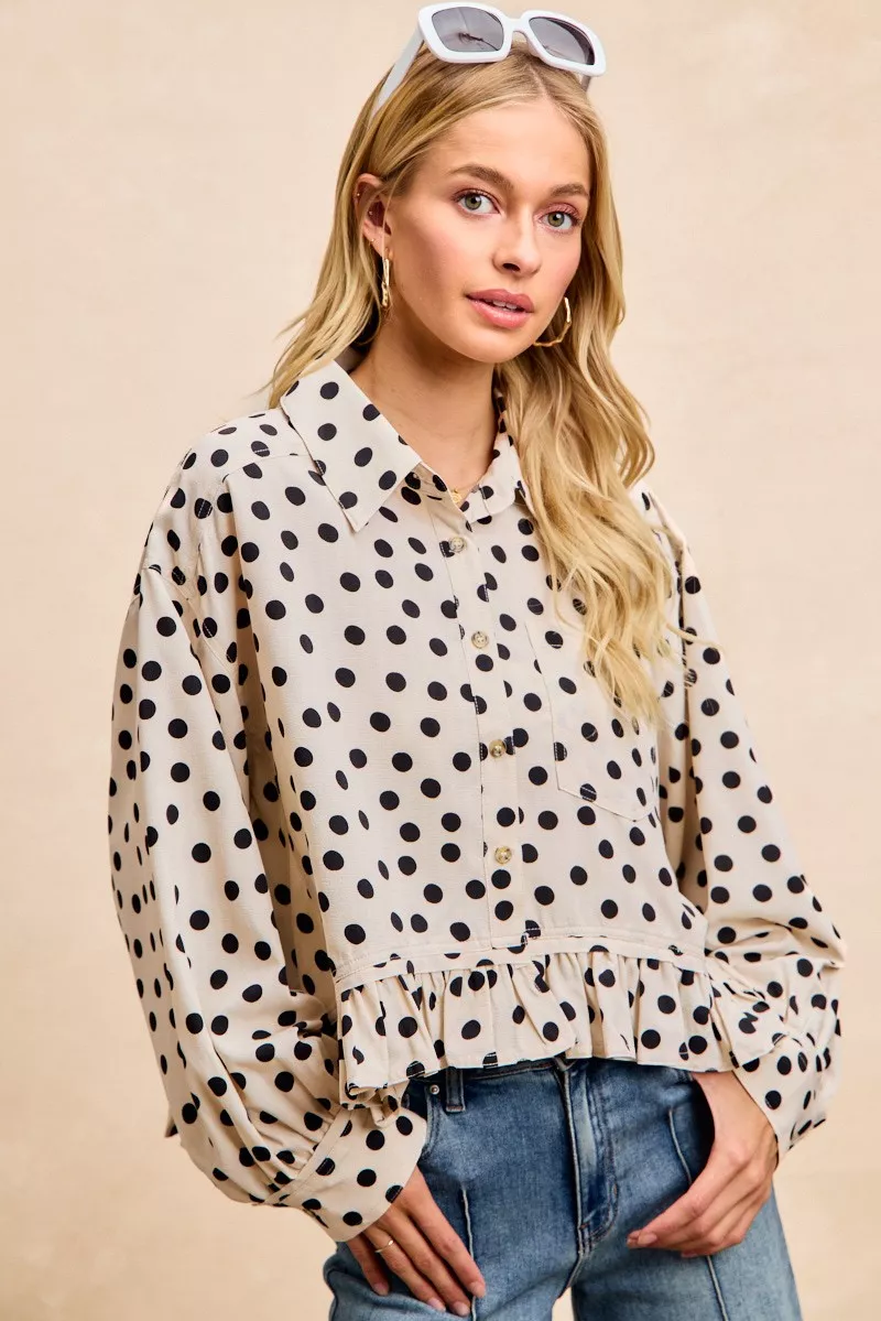 BiBi Crinkle Polka Dot Ruffled Hem Button Up Shirt Top - Image 3