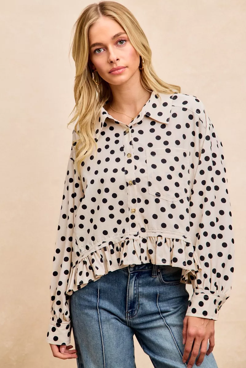 BiBi Crinkle Polka Dot Ruffled Hem Button Up Shirt Top - Image 8