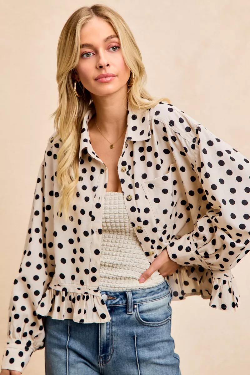 BiBi Crinkle Polka Dot Ruffled Hem Button Up Shirt Top - Image 9