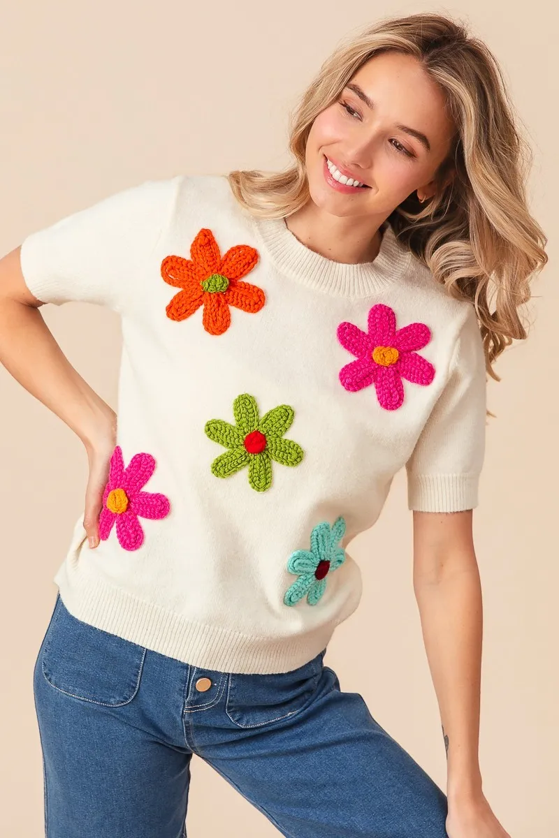 BiBi Crochet Flower Patch Sweater Top - Image 4