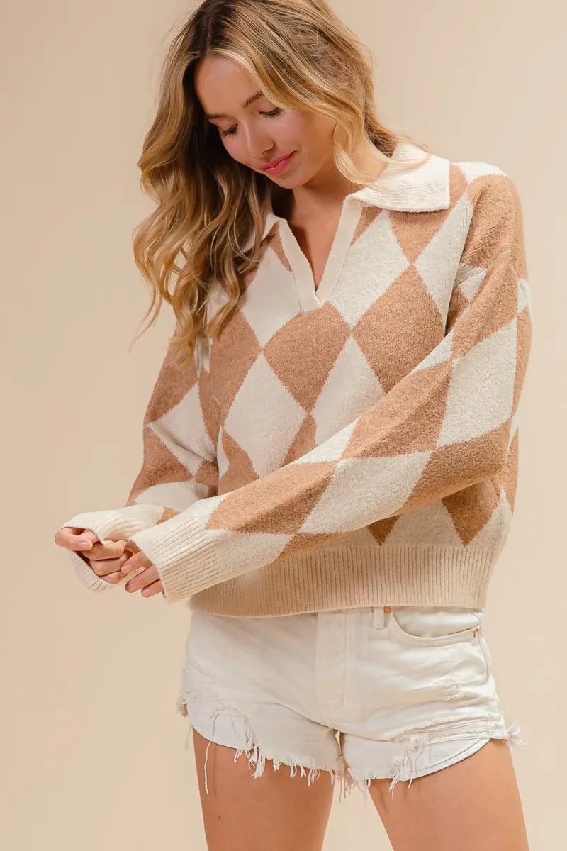 BiBi Diamond Pattern Collared Notch Neck Sweater - Image 12