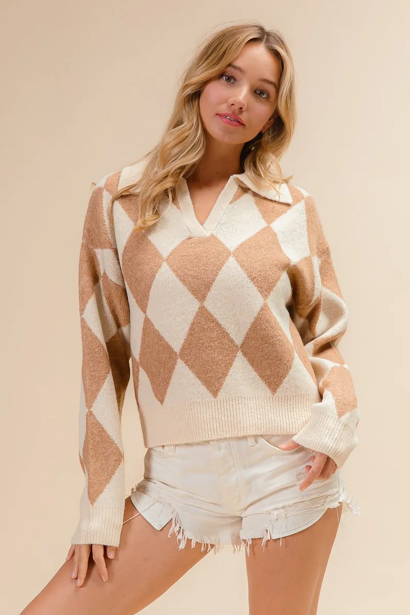 BiBi Diamond Pattern Collared Notch Neck Sweater - Image 13