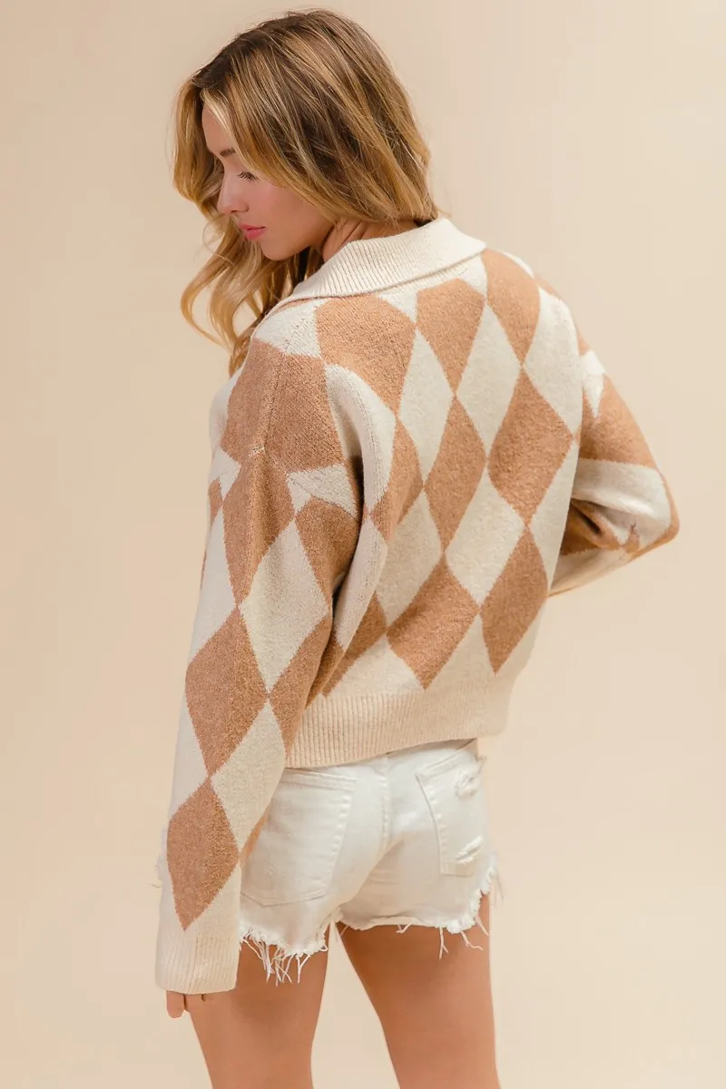 BiBi Diamond Pattern Collared Notch Neck Sweater - Image 20