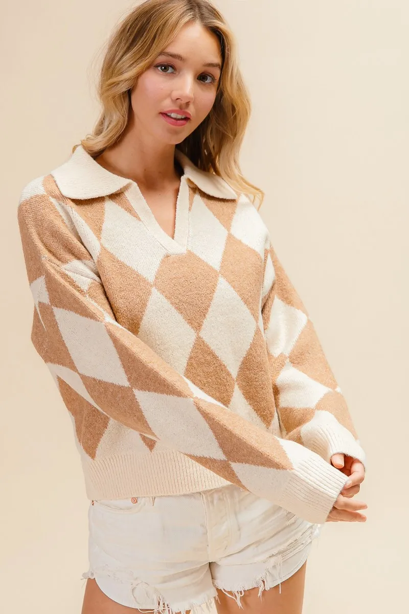 BiBi Diamond Pattern Collared Notch Neck Sweater - Image 4