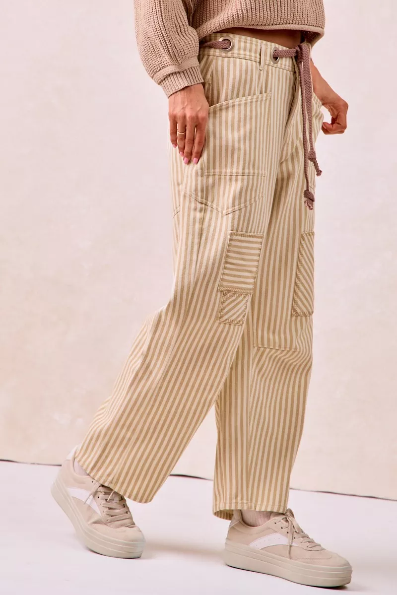 BiBi Drawstring Striped Twill Barrel Pants - Image 10