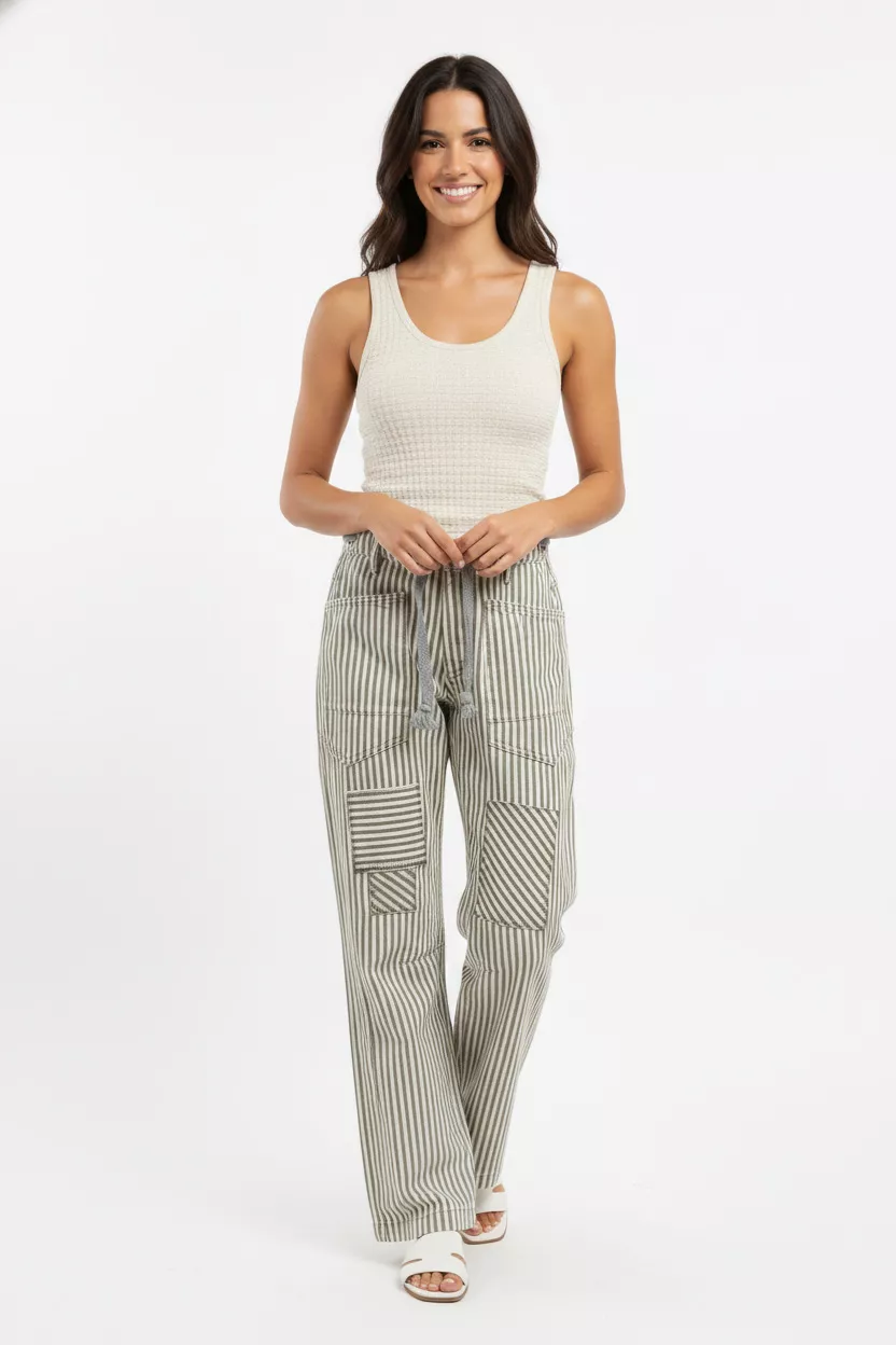 BiBi Drawstring Striped Twill Barrel Pants - Image 2