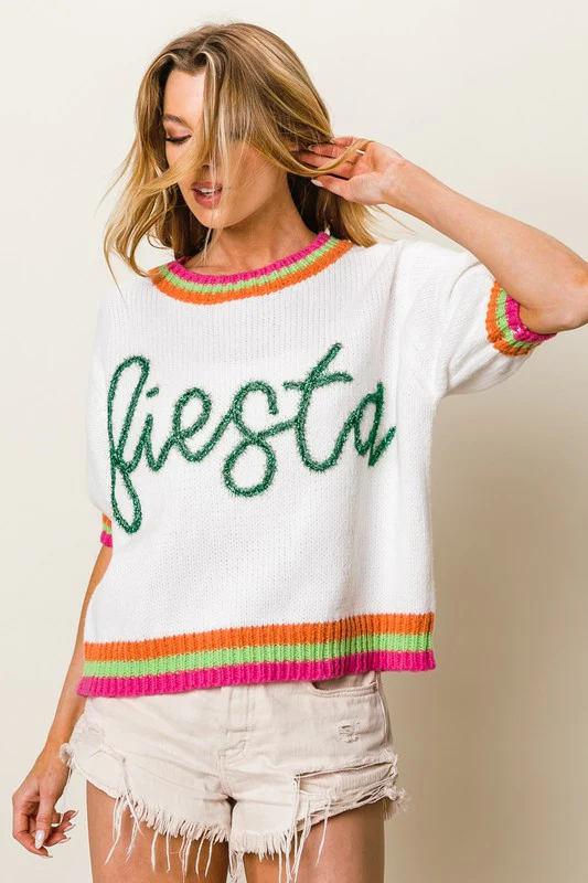 BiBi FIESTA Metallic Letter Short Puff Sleeve Sweater - Image 4