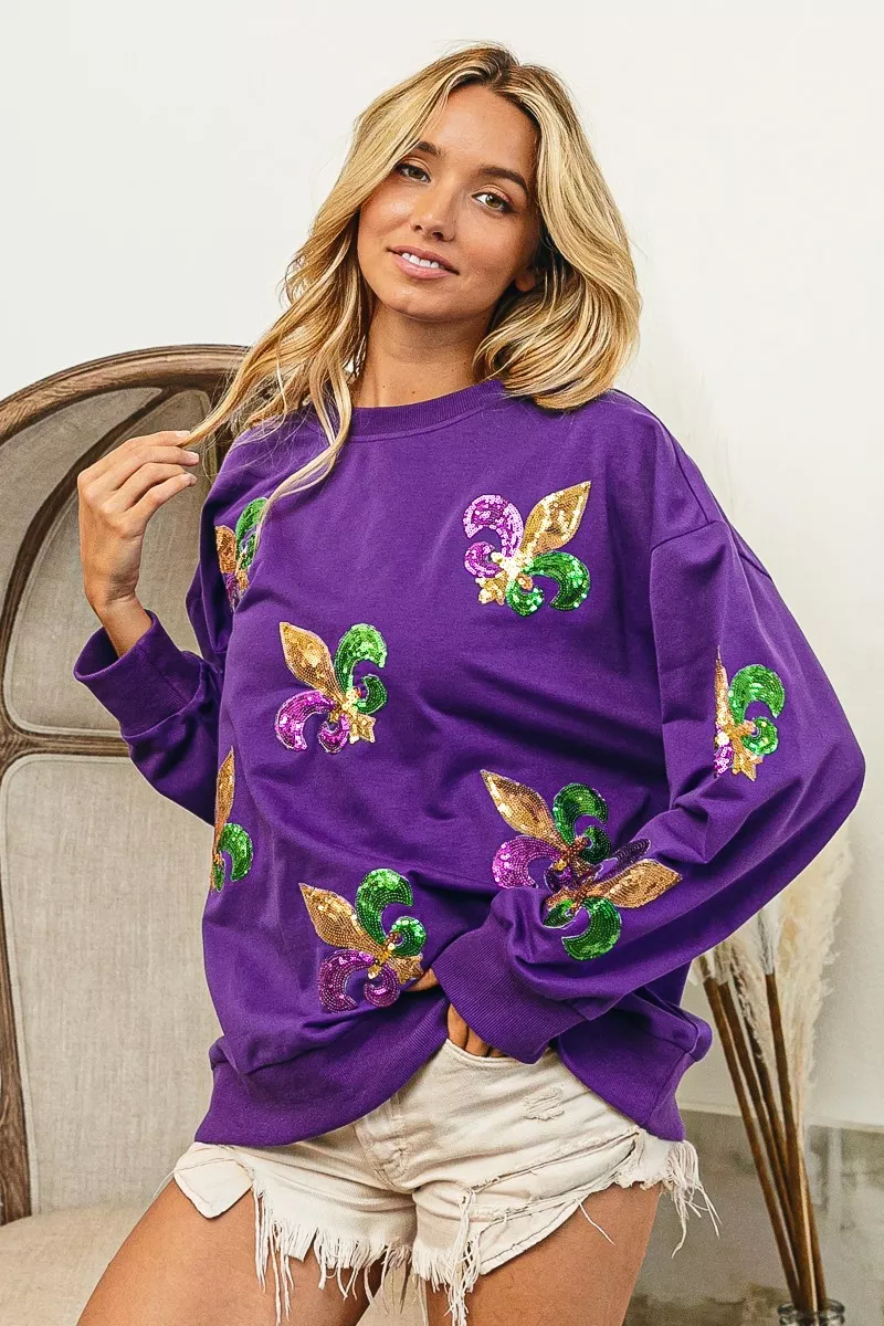 BiBi Fleur De Lis Sequin Patches Mardi Gras Sweatshirt - Image 5