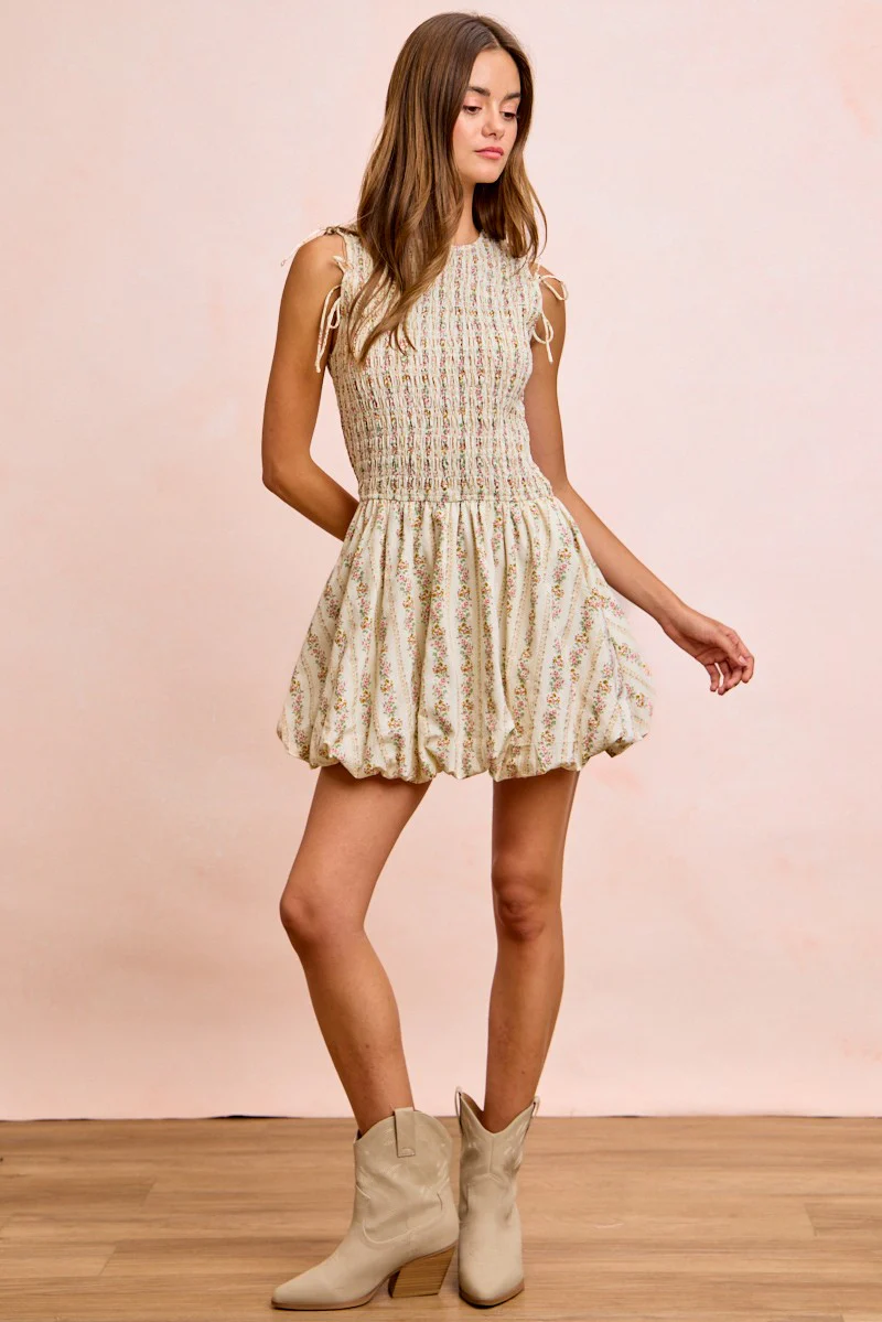 BiBi Floral Bow Tie Attachable Puff Sleeves Dress - Image 24