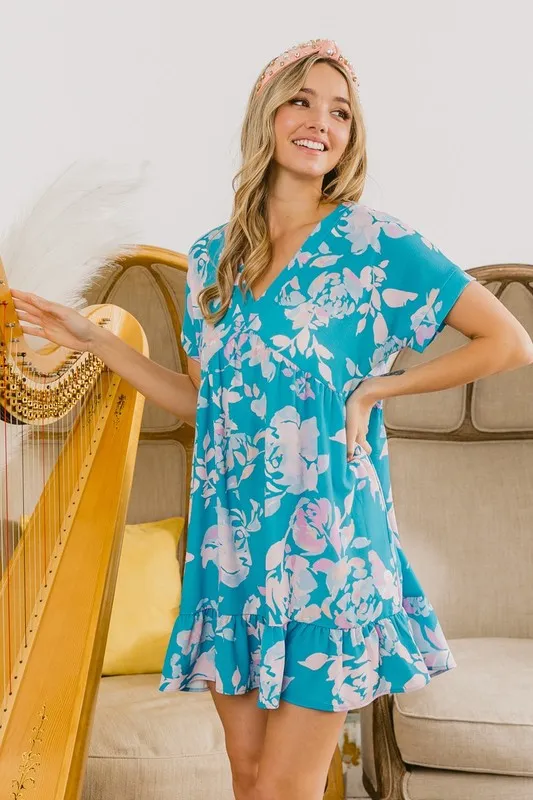 BiBi Floral Crinkle Shirred Ruffle Detail V Neck Dress - Image 12