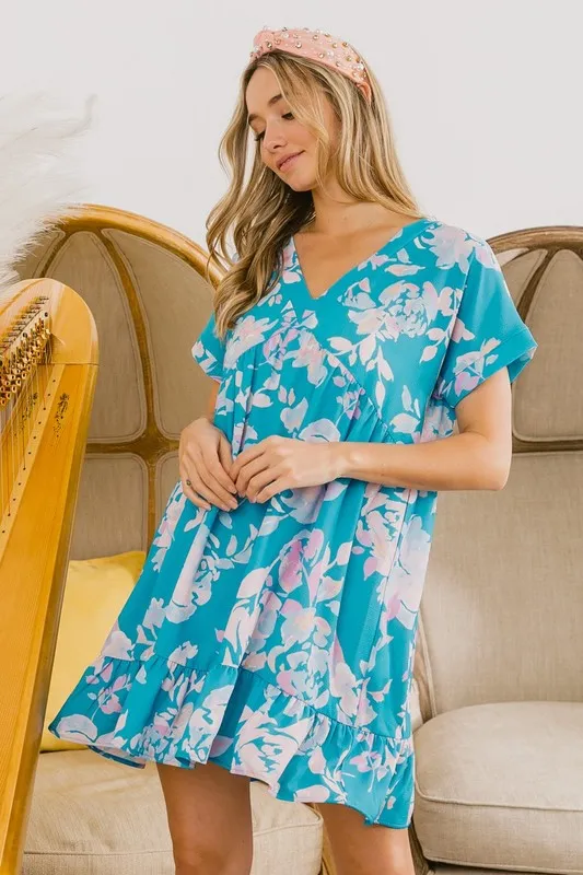 BiBi Floral Crinkle Shirred Ruffle Detail V Neck Dress - Image 6