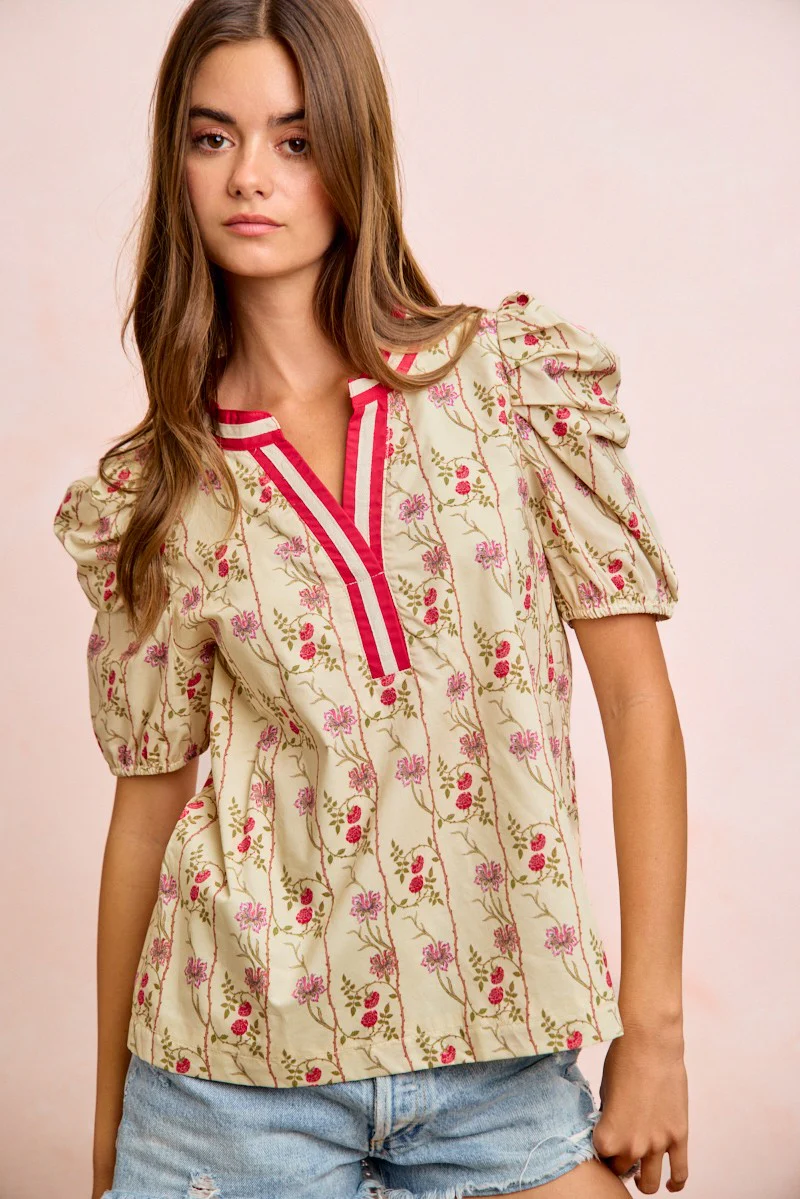 BiBi Floral Gather Sleeves Contrast Neckband Blouse Top - Image 10