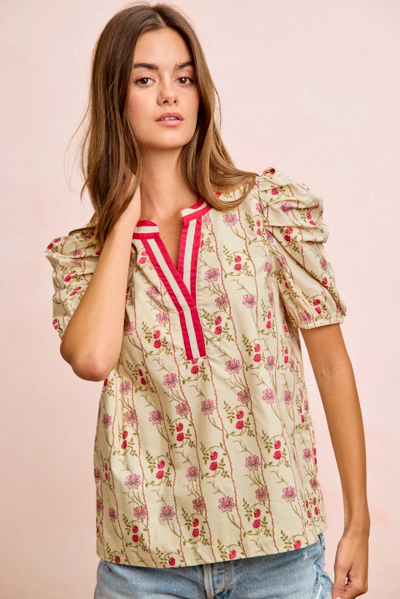 BiBi Floral Gather Sleeves Contrast Neckband Blouse Top - Image 13