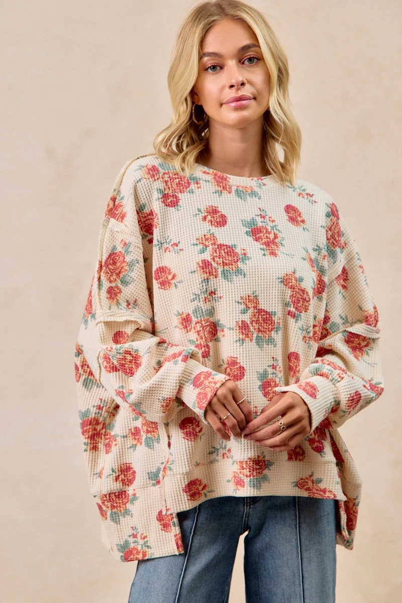 BiBi Floral Print Oversized Waffle Thermal Sweatshirt - Image 6