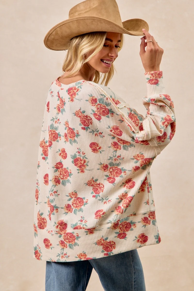 BiBi Floral Print Oversized Waffle Thermal Sweatshirt - Image 8