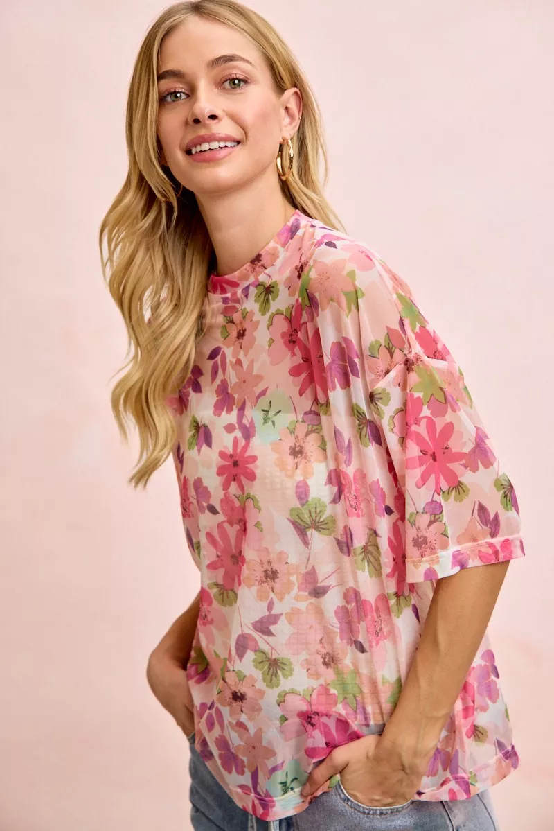 BiBi Floral Print Short Sleeves Boxy Mesh Top - Image 6