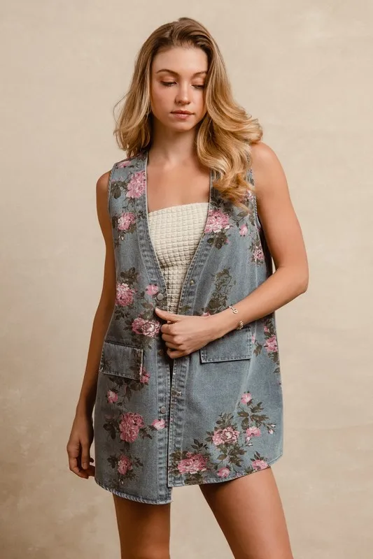 BiBi Floral Print Washed Denim Long Rider Vest - Image 3