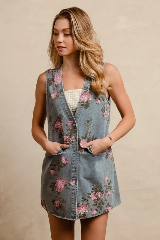 BiBi Floral Print Washed Denim Long Rider Vest - Image 7