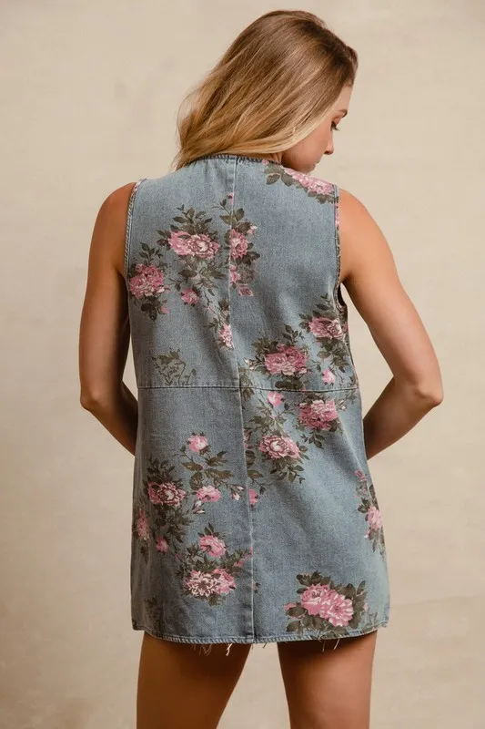 BiBi Floral Print Washed Denim Long Rider Vest - Image 9