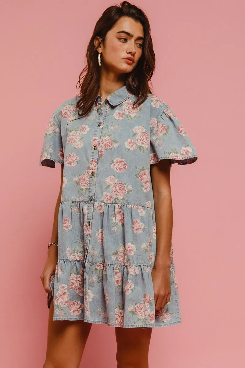 BiBi Floral Print Washed Lightweight Tiered Shirt Dress - Image 3