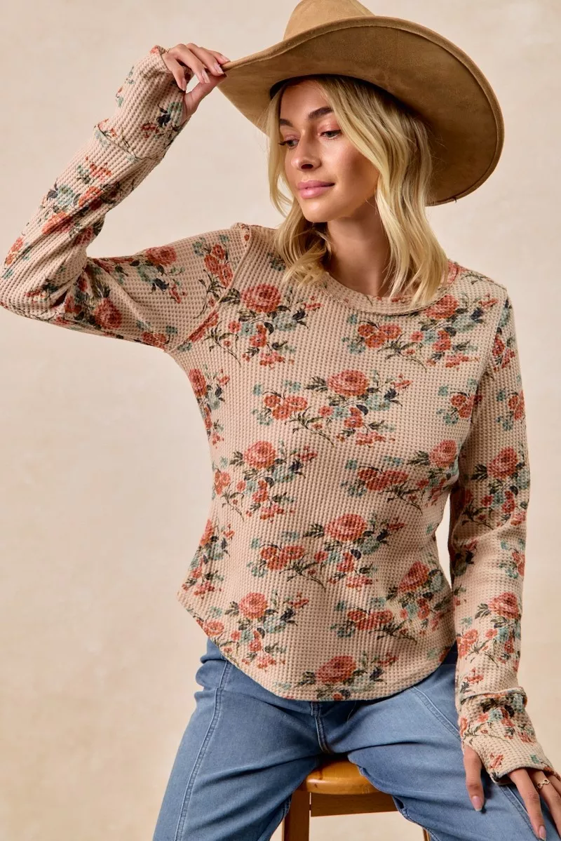 BiBi Floral Print Washed Waffle Thermal Top with Thumb - Image 2