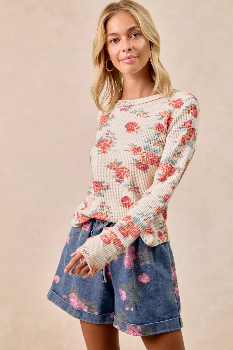 BiBi Floral Print Washed Waffle Thermal Top With Thumb - Image 12
