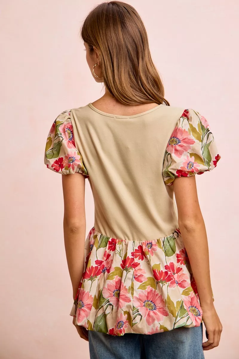 BiBi Floral Printed Bubble Sleeves and Hem Peplum Top - Image 11