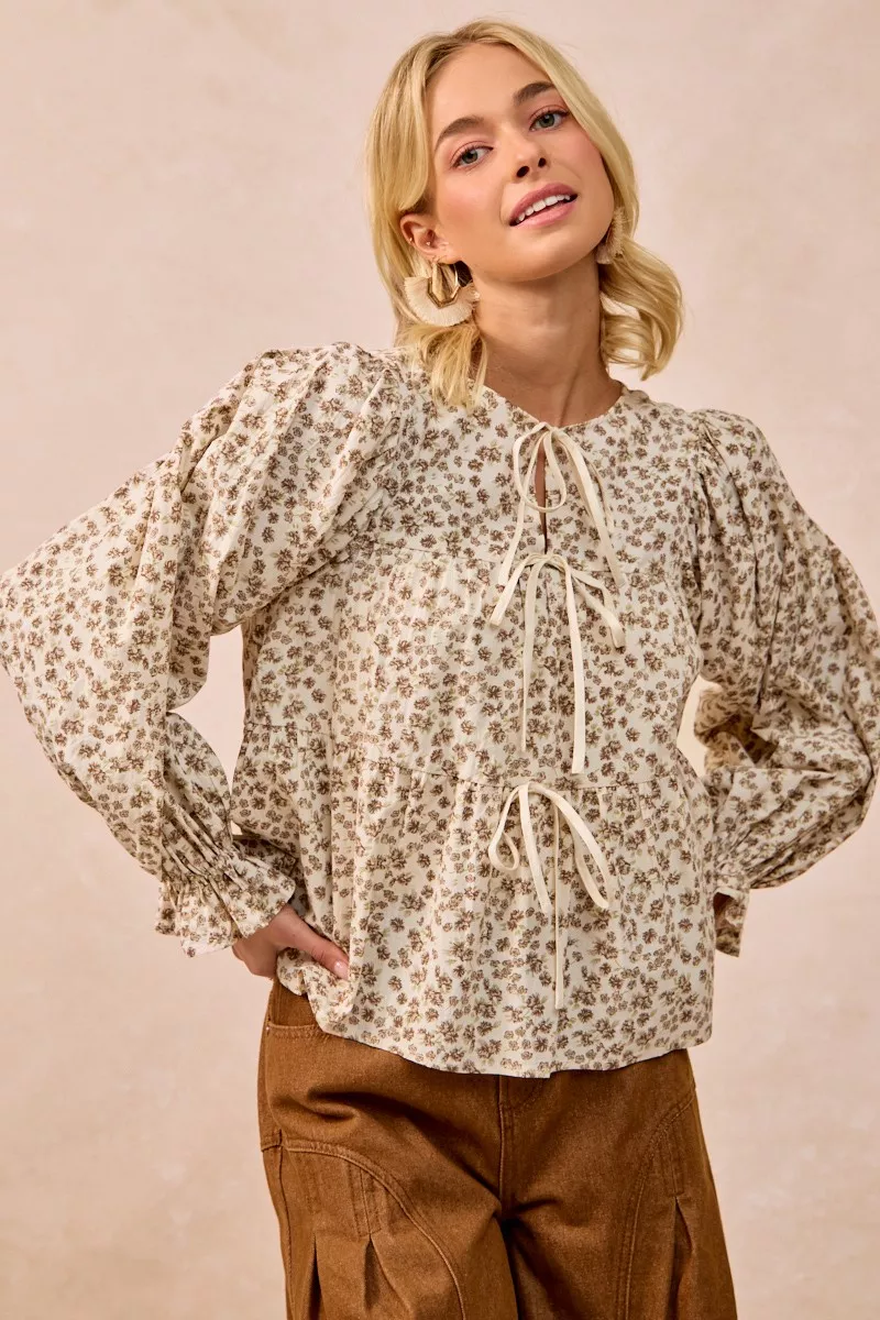 BiBi Floral Printed Peplum Blouse with Shirring and Tied - Image 4