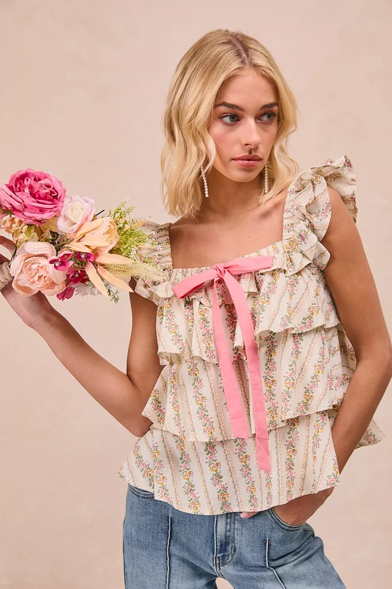 BiBi Floral Printed Woven Front Bow Tied Ruffled Square Neck Sleeveless Top - Image 2