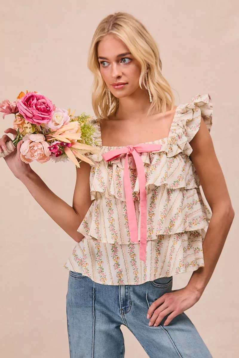 BiBi Floral Printed Woven Front Bow Tied Ruffled Square Neck Sleeveless Top - Image 4