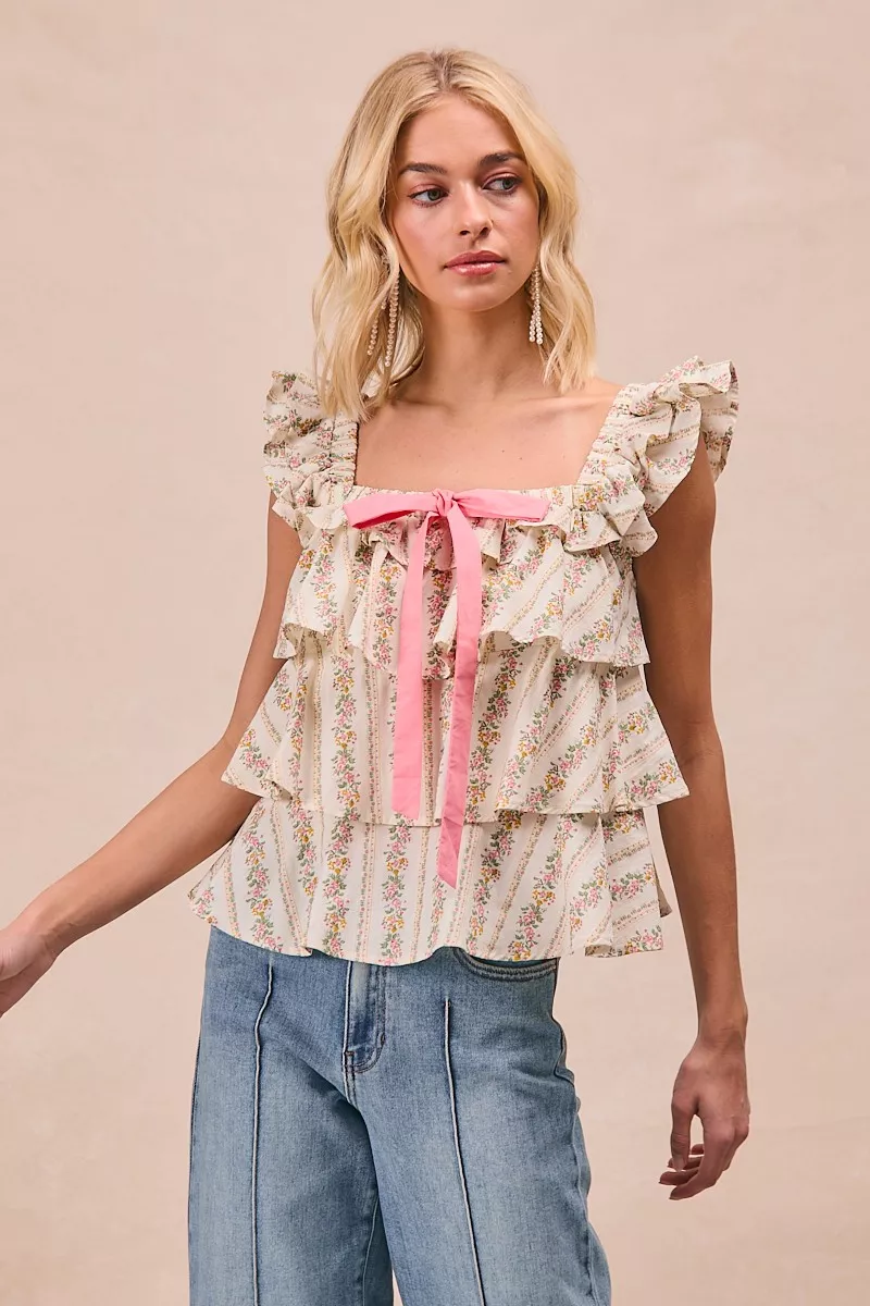 BiBi Floral Printed Woven Front Bow Tied Ruffled Square Neck Sleeveless Top - Image 9