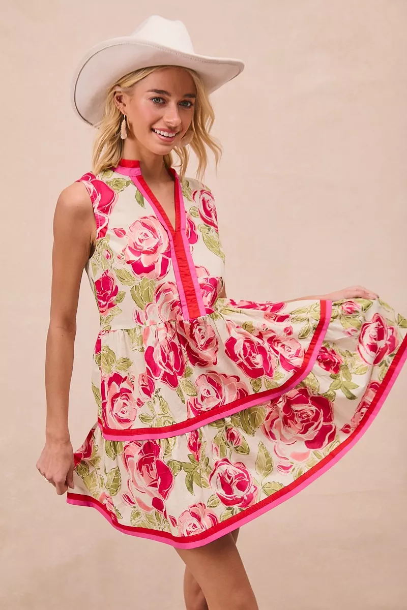 BiBi Floral Woven Contrast Edge Tiered Ruffle Mini Dress - Image 3