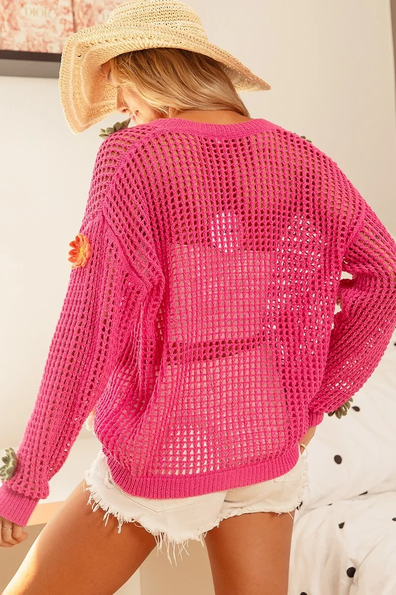BiBi Flower Patches Open Knit Sweater Cardigan - Image 4