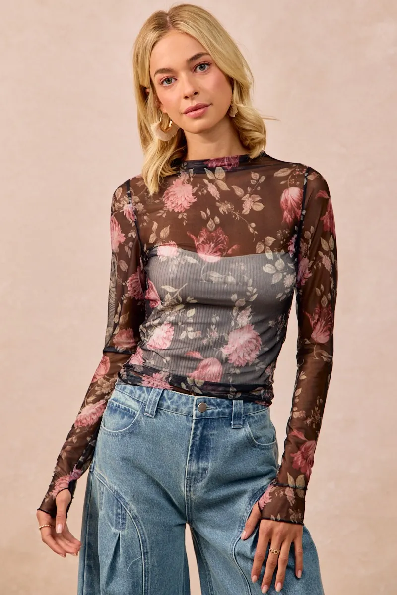BiBi Flower Printed Mesh Lace Top with Thumb Opening - Image 6