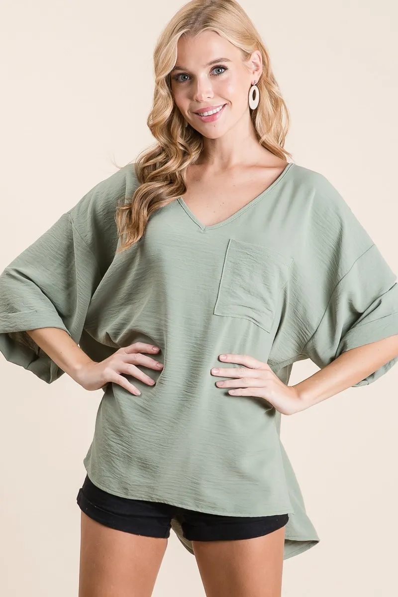 BiBi Flowy Woven V-Neck Top with Rolled Up Cuffs - Image 2