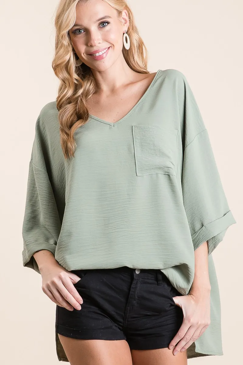 BiBi Flowy Woven V-Neck Top with Rolled Up Cuffs - Image 3
