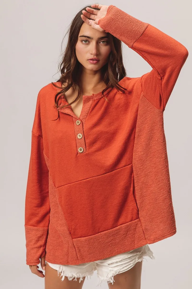 BiBi French Terry Knit Side Block Buttoned Henley Top - Image 4