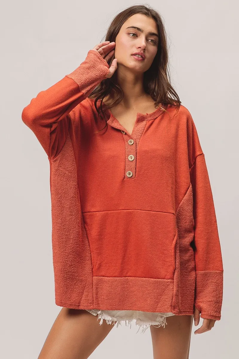 BiBi French Terry Knit Side Block Buttoned Henley Top - Image 5