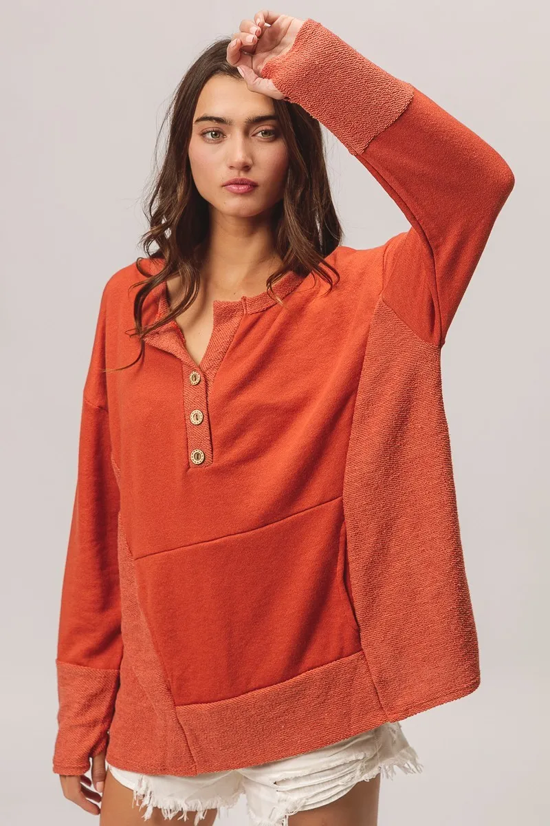 BiBi French Terry Knit Side Block Buttoned Henley Top - Image 9