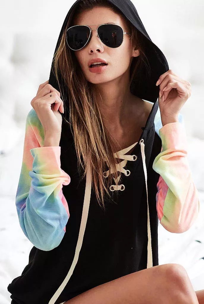 BiBi French Terry Lace Up Hoodie With Tie Dye Sleeves - Image 3