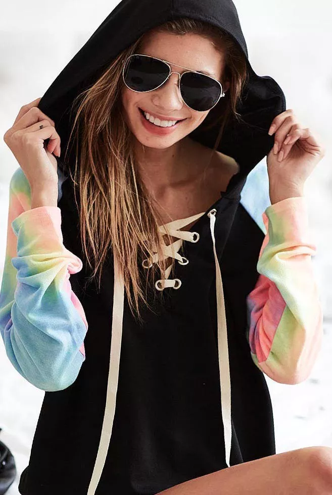 BiBi French Terry Lace Up Hoodie With Tie Dye Sleeves - Image 8