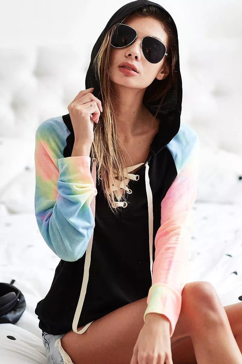 BiBi French Terry Lace Up Hoodie With Tie Dye Sleeves - Image 9