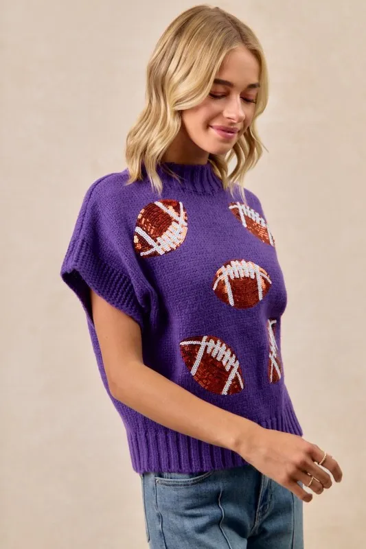 BiBi Gameday Sequin Football Patches Rib Banded Sweater - Image 5