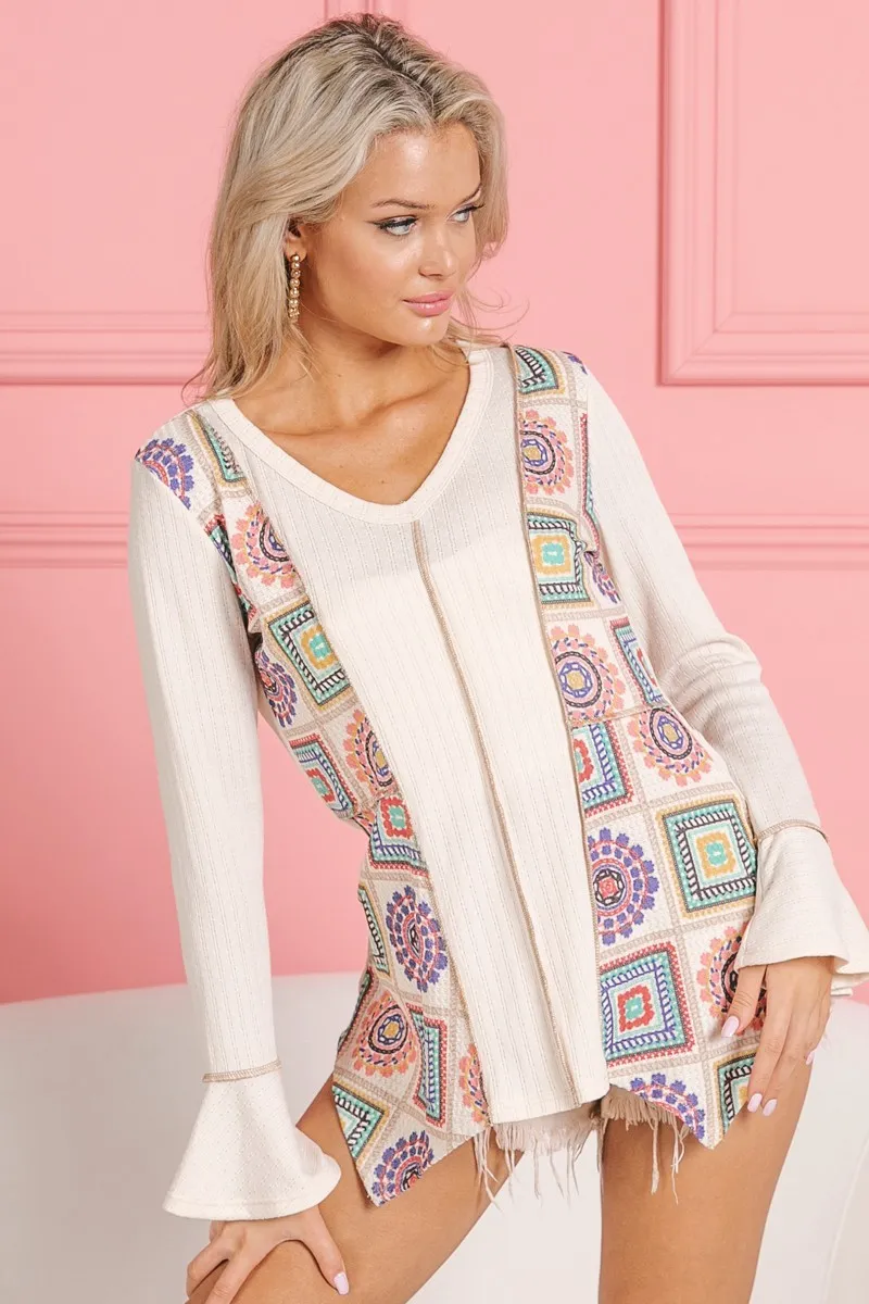 BiBi Granny Square Print Contrast Annie Rib V Neck Top - Image 10