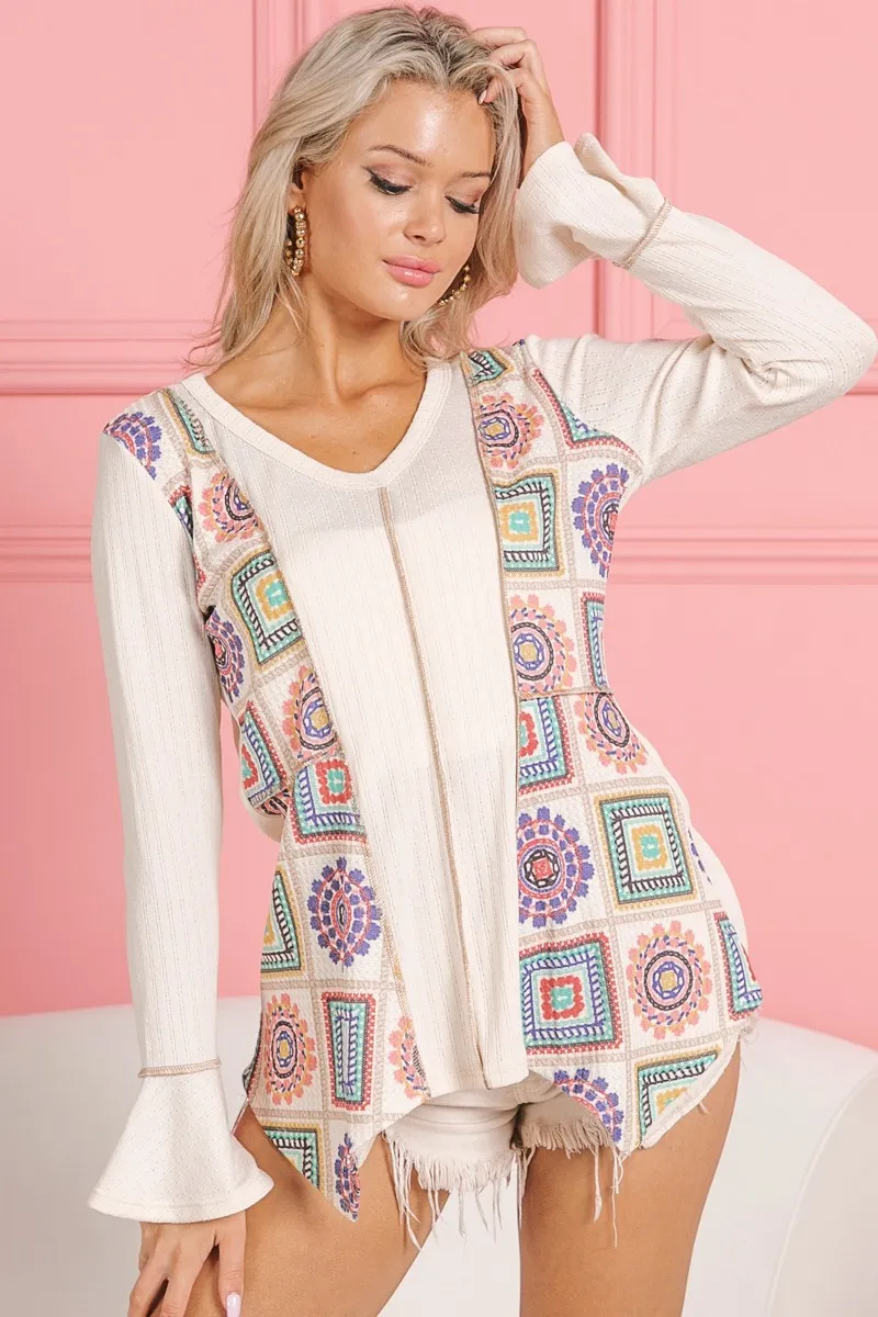 BiBi Granny Square Print Contrast Annie Rib V Neck Top - Image 17